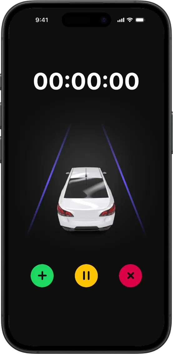 Drive timer with car visualization and control buttons