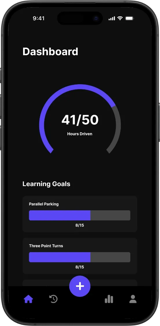 Dashboard showing 41/50 hours driven and skill progress bars