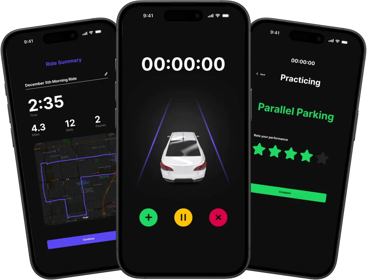 Three smartphones showcasing different screens of a driving practice app: a trip summary, a live driving session timer, and a parallel parking rating.