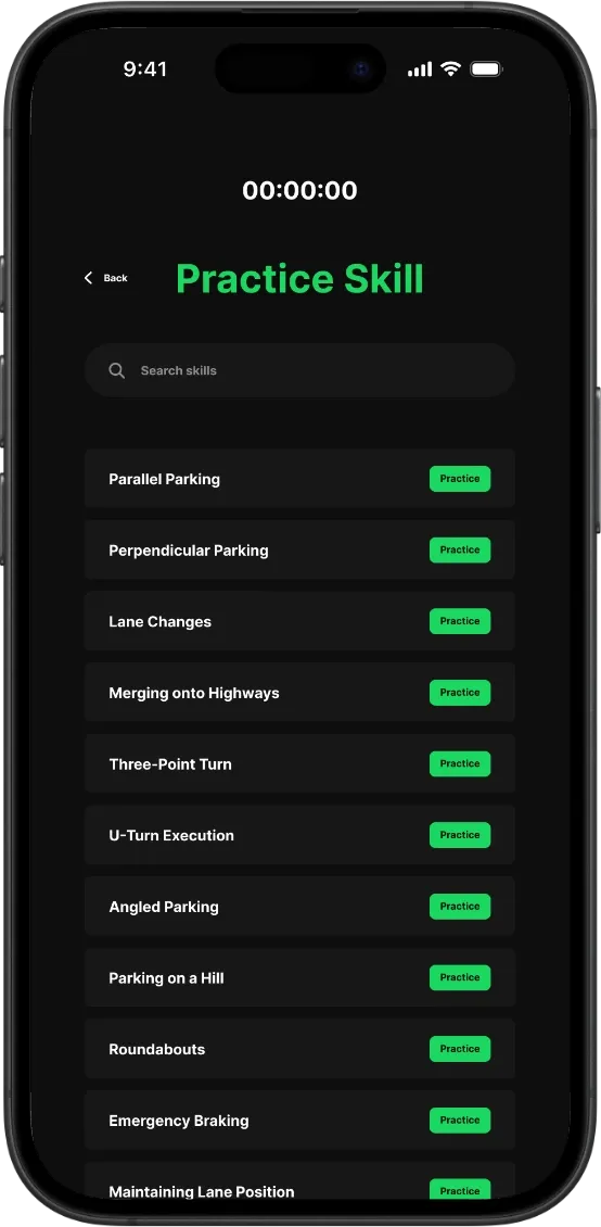 Practice specific skills like parking, lane changes, and merging